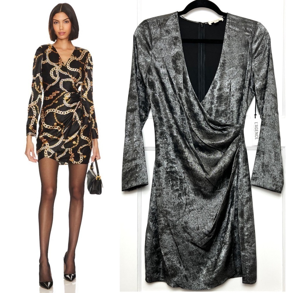 NWT L’AGENCE Metallic Foiled Satin 3/4 Sleeve Draped V-Neck Faux Wrap Dress 2‎